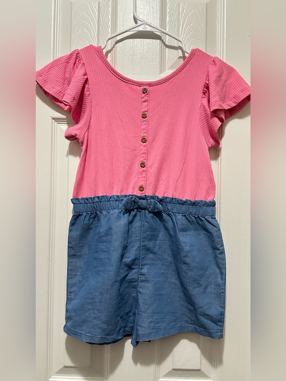 Girls Pink and Blue Knit Romper with Button Front